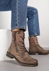 Brązowe Botki w Stylu Vintage ze Sznurowaniem Vemlora. Brązowe botki Renee, bez wzorów, z jeansu, bez obcasa, na płaskiej podeszwie, bez zapięcia. Za 149.99 zł.
