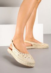 Beżowe Ażurowe Sandały Espadryle z Odkrytą Piętą i Plecioną Podeszwą Eriluna. Brązowe sandały Renee, z aplikacjami, eleganckie, bez obcasa, na płaskiej podeszwie, bez zapięcia. W wyprzedaży za 74.99 zł.