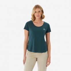 Koszulka turystyczna z krótkim rękawem damska Quechua NH500. Niebieskie bluzki QUECHUA, m, bez wzorów, z bawełny, sportowe, bez kołnierzyka, bez ramiączek. Za 52.49 zł.