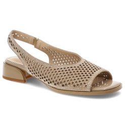 Sandały damskie S.Barski, skóra naturalna ażurowa cholewka fason slingback elastyczny pasek niski stabilny obcas delikatne zdobienia lekka konstrukcj. Brązowe sandały S.BARSKI, z aplikacjami, ze skóry, bez obcasa, na obcasie, bez zapięcia. Za 289.00 zł.