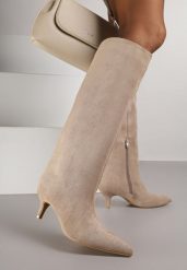 Ciemnobeżowe Kozaki na Kaczuszce z Elegancką Cholewką do Kolana Tesema. Brązowe kozaki Renee, z jeansu, bez obcasa, na obcasie, bez zapięcia. Za 169.99 zł.