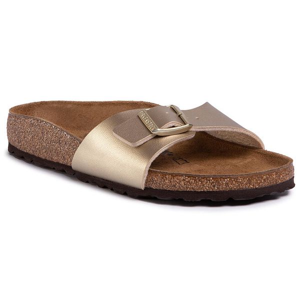 Klapki Birkenstock. Żółte klapki Birkenstock, bez wzorów, bez obcasa. Za 359.99 zł.