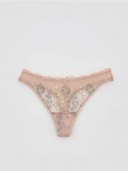 Majtki typu stringi z haftem - beżowy. Brązowe stringi Reserved, bez wzorów. Za 49.99 zł.