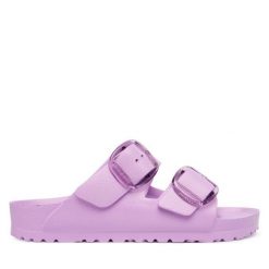 Klapki Birkenstock. Fioletowe klapki Birkenstock, bez wzorów, bez obcasa. Za 279.99 zł.