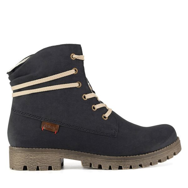 Trzewiki Rieker. Niebieskie botki Rieker, bez wzorów, bez obcasa, na płaskiej podeszwie, bez zapięcia. Za 265.99 zł.