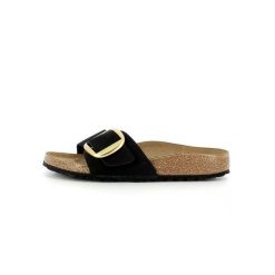 Klapki damskie Birkenstock Madrid Big Buckle. Czarne klapki Birkenstock, bez wzorów, z materiału, bez obcasa. Za 778.00 zł.