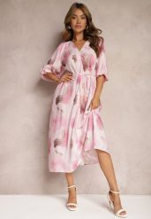 Różowa Wiskozowa Sukienka o Rozkloszowanym Kroju z Paskiem w Talii i Bufiastymi Rękawami Uranea. Czerwone sukienki Renee, na spotkanie biznesowe, l, bez wzorów, z wiskozy, eleganckie, bez kołnierzyka, bez ramiączek, maxi, dopasowane. Za 139.99 zł.