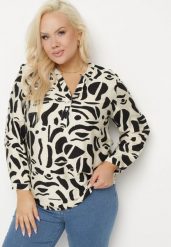 Jasnobeżowa Koszula z Wiskozą Zdobiona Geometrycznym Wzorem Melivis. Brązowe koszule Born2be, plus size, z aplikacjami, z jeansu, eleganckie, bez kołnierzyka, plus size, bez ramiączek. Za 69.99 zł.