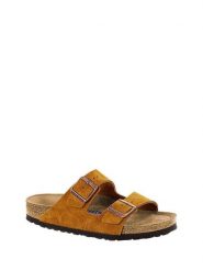 Birkenstock Skórzane klapki "Arizona" w kolorze jasnobrązowym rozmiar: 36. Brązowe klapki Birkenstock, bez wzorów, z otwartym noskiem, bez obcasa. Za 379.95 zł.