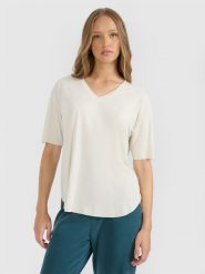 4F T-shirt oversize z modalem damski - beżowy M. Brązowe t-shirty 4f, m, bez wzorów, bez kołnierzyka, bez ramiączek. Za 99.99 zł.