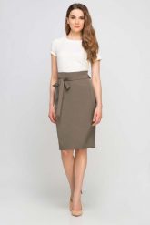Khaki Spódnica Ołówkowa przed Kolano z Szarfą. Brązowe spódnice Lanti, l, bez wzorów, z elastanu, ołówkowe. Za 185.90 zł.