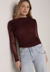 Bordowa Bluzka Siateczkowa z Marszczeniem i Kwiatową Aplikacją Nelimor. Czerwone bluzki Born2be, m, z aplikacjami, z bawełny, eleganckie, bez kołnierzyka, bez ramiączek. Za 79.99 zł.