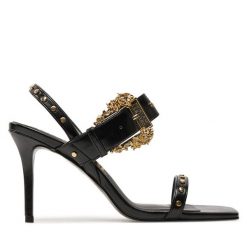 Sandały Versace Jeans Couture. Czarne sandały Versace Jeans Couture, bez wzorów, z jeansu, bez obcasa, na szpilce, bez zapięcia. Za 559.99 zł.