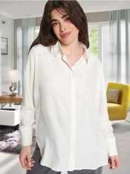 Koszula - kremowy. Białe koszule Sinsay, l, bez wzorów, ze skóry, eleganckie, bez kołnierzyka, bez ramiączek. Za 49.99 zł.