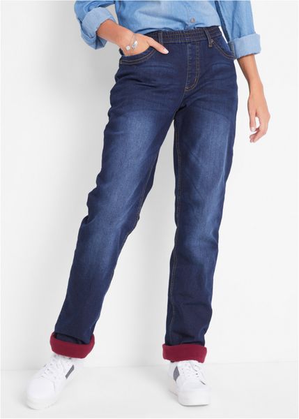 Dżinsy ocieplane, straight, mid waist. Niebieskie jeansy bonprix, bez wzorów. Za 179.99 zł.