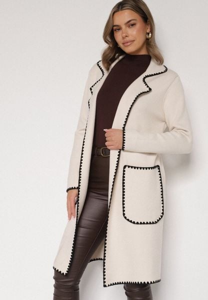 Beżowy Kardigan Ozdobiony Lamówką Tusbena. Brązowe kardigany Born2be, bez wzorów, z jeansu. Za 109.99 zł.