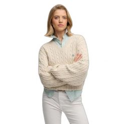 Damski oversize sweter z dekoltem w kształcie V Superdry. Brązowe swetry Superdry, na zimę, bez wzorów, bez ramiączek. Za 284.00 zł.