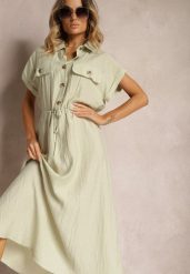Jasnozielona Sukienka z Wiskozy o Rozkloszowanym Kroju z Gumką w Pasie i Napami Memvia. Zielone sukienki Renee, na co dzień, l, bez wzorów, z wiskozy, eleganckie, bez kołnierzyka, bez ramiączek, maxi, kopertowe. Za 99.99 zł.