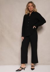 Czarny Wiskozowo-Lniany Komplet z Koszulą i Luźnymi Spodniami Hanorwen. Czarne koszule Renee, l, bez wzorów, ze lnu, eleganckie, bez kołnierzyka, bez ramiączek. Za 129.99 zł.
