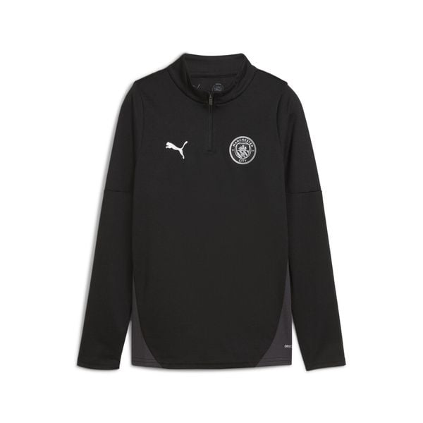 Młodzieżowa bluza treningowa Manchester City z zamkiem 1/4 PUMA. Czarna bluzy Puma, l, bez wzorów, bez kaptura. W wyprzedaży za 242.25 zł.