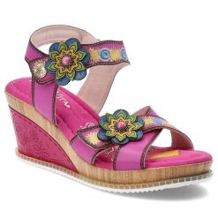 Sandały damskie Laura Vita, na koturnie ozdobne kwiaty regulowany pasek wygodna podeszwa letni styl, różowe, 26 AS308-26. Czerwone sandały Laura Vita, bez wzorów, bez obcasa, na koturnie, bez zapięcia. Za 339.00 zł.