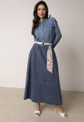 Granatowa Rozkloszowana Spódnica Jeansowa z Bawełny z Paskiem z Apaszką Ipharianne. Niebieskie spódnice Born2be, do pracy, l, bez wzorów, z bawełny, biznesowe, midi, koszulowe. Za 179.99 zł.