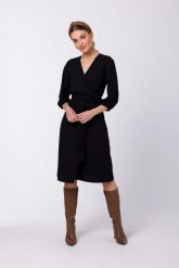 Sukienka elegancka kopertowa z bufiastymi rękawami czarna. Czarne sukienki Stylove, do pracy, m, bez wzorów, z elastanu, biznesowe, bez kołnierzyka, bez ramiączek, dopasowane. Za 189.00 zł.
