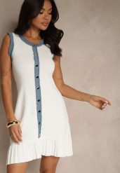 Biała Taliowana Sukienka z Wiskozą Guzikami i Jeansowymi Wstawkami Lilorea. Białe sukienki Renee, na co dzień, m, bez wzorów, z jeansu, eleganckie, bez kołnierzyka, bez ramiączek, mini, dopasowane. Za 129.99 zł.