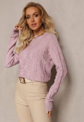 Fioletowy Warkoczowy Sweter z Długim Rękawem i Ściągaczami Kaviss. Fioletowe swetry Renee, bez wzorów, z dzianiny, bez ramiączek. Za 69.99 zł.