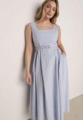 Niebieska Bawełniano-Wiskozowa Sukienka Retro w Groszki o Rozkloszowanym Kroju Eviphaia. Niebieskie sukienki Born2be, na co dzień, m, bez wzorów, z bawełny, klasyczne, bez kołnierzyka, bez ramiączek, maxi, rozkloszowane. Za 179.99 zł.