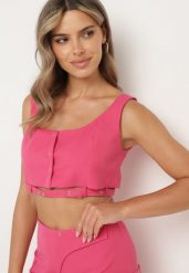 Fuksjowy Top Zapinany na Napy z Ozdobnym Paskiem Tiamarose. Czerwone topy Born2be, m, bez wzorów, z jeansu, bez kołnierzyka, bez ramiączek. Za 64.99 zł.