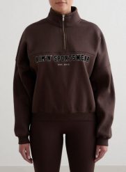 Damska bluza dresowa z półzamkiem, drapana, luźna Varsity czekoladowy brąz. Brązowe bluzy AIM'N, s, bez wzorów, z bawełny, bez kaptura. Za 339.00 zł.
