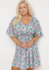 Fioletowa Sukienka z Wiskozy Ściągana w Talii w Kwiaty Liranette. Fioletowe sukienki Born2be, na co dzień, l, bez wzorów, z jeansu, eleganckie, bez kołnierzyka, bez ramiączek, mini. Za 59.99 zł.