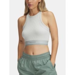 Top treningowy damski Under Armour Meridian Rib Branded Tank hydro. Zielone topy Under Armour, bez wzorów, bez kołnierzyka, bez ramiączek. Za 129.99 zł.