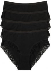 Figi maxi z bawełną organiczną i koronką (4 pary). Czarne figi bonprix, bez wzorów, z bawełny. Za 67.99 zł.
