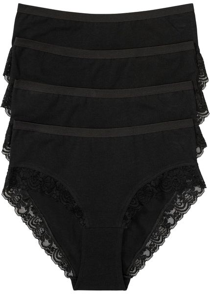 Figi maxi z bawełną organiczną i koronką (4 pary). Niebieskie figi bonprix, bez wzorów, z bawełny. Za 64.99 zł.