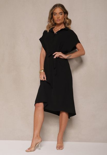 Czarna Pudełkowa Sukienka z Bawełną i Paskiem Savorienne. Czarne sukienki Renee, na co dzień, xl, bez wzorów, z bawełny, eleganckie, bez kołnierzyka, bez ramiączek, midi. Za 69.99 zł.