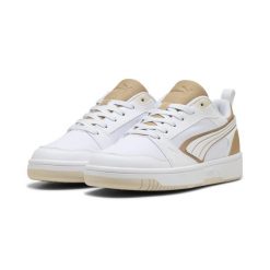 Sneakersy unisex Rebound v6 Low Aqua Metallics PUMA White Gold Alpine Snow. Białe obuwie sportowe Puma, bez zapięcia, do koszykówki. W wyprzedaży za 219.00 zł.