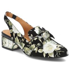 Czarne Sandały W Kwiaty Maciejka Eleganckie Obuwie Damskie. Czarne sandały Maciejka, w ażurowe wzory, z materiału, eleganckie, bez obcasa, na obcasie, bez zapięcia. Za 386.99 zł.