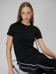 4F T-shirt regular z nadrukiem damski - czarny L. Czarne t-shirty 4f, l, bez wzorów, z dzianiny, bez kołnierzyka, bez ramiączek. Za 59.99 zł.