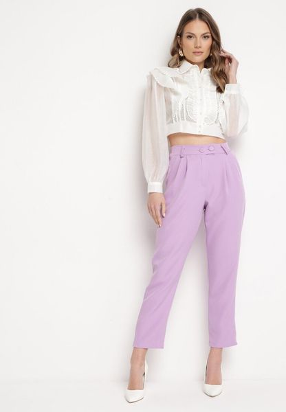 Fioletowe Spodnie Cygaretki z Wysokim Stanem i Gumką w Pasie Elexis. Fioletowe spodnie materiałowe Born2be, na co dzień, l, bez wzorów, z dzianiny, z podwyższonym stanem. Za 99.99 zł.