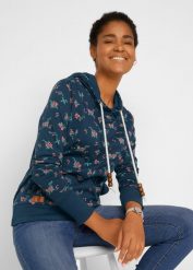 Bluza z kapturem z troczkami z czystej bawełny. Niebieskie bluzy sportowe bonprix, bez wzorów, z bawełny, z kapturem. Za 129.99 zł.