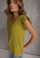 Ciemnozielona Bawełniana Bluzka z Krótkim Rękawem z Ażurowej Falbanki Voanira. Zielone bluzki Renee, l, w ażurowe wzory, z bawełny, eleganckie, bez kołnierzyka, bez ramiączek. Za 49.99 zł.