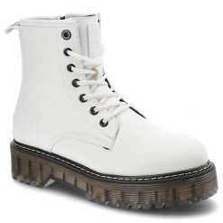 Glany damskie Big Star, cholewka ze skóry ekologicznej z wysoką formą i klasycznym sznurowaniem, KK274536,. Białe botki Big Star, bez wzorów, ze skóry ekologicznej, bez obcasa, na płaskiej podeszwie, bez zapięcia. Za 229.99 zł.