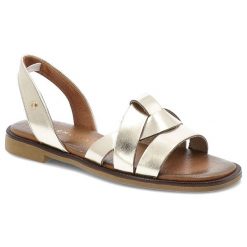 Sandały damskie Armodo, cholewka ze skóry naturalnej licowej z metalicznym wykończeniem krzyżujące się paski odkryty fason, złote, 40537. Żółte sandały Armodo, bez wzorów, ze skóry, bez obcasa, bez zapięcia. Za 299.00 zł.