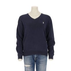 Second life - Damski granatowy sweter z dekoltem w serek - Stan bardzo dobry. Niebieskie golfy RALPH LAUREN, bez wzorów, bez ramiączek. Za 170.36 zł.