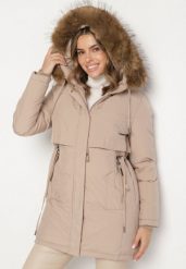 Beżowa Casualowa Kurtka Parka z Kapturem z Futerkiem Nallorea. Brązowe kurtki Born2be, l, z dzianiny, klasyczne, z kapturem. Za 299.99 zł.