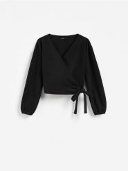 Bluza z wiązaniem - czarny. Czarne bluzy Reserved, l, bez wzorów, z dzianiny, bez kaptura. Za 99.99 zł.