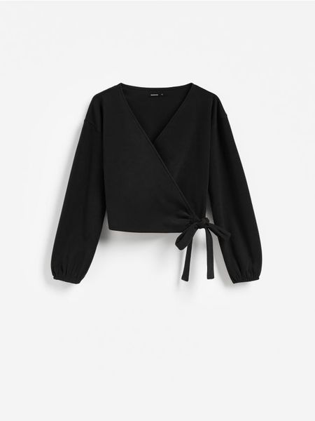 Bluza z wiązaniem - czarny. Czarne bluzy Reserved, l, bez wzorów, z dzianiny, bez kaptura. Za 99.99 zł.
