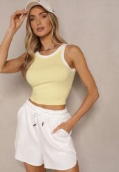 Żółty Top z Prążkowanego Materiału z Lamówką Sonindra. Żółte topy Renee, l, z aplikacjami, z materiału, bez kołnierzyka, bez ramiączek. Za 29.99 zł.